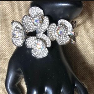 Silver Tone Spring Hinge Aurora Borealis Crystal Flower Bangle Bracelet